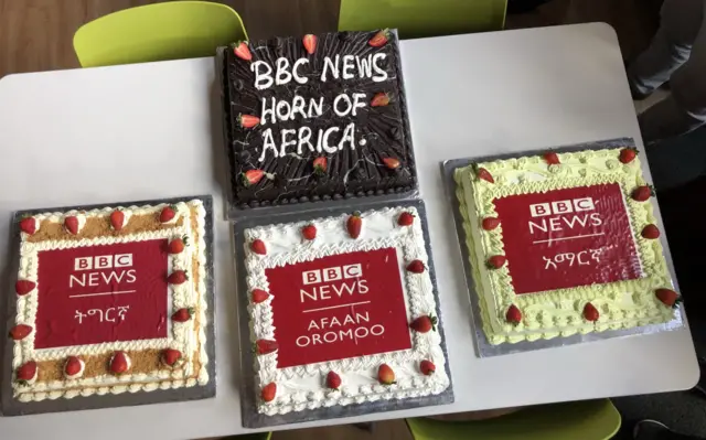 Cakes bearing the BBC News Amharic, Afaan Oromo and Tigrinya logos