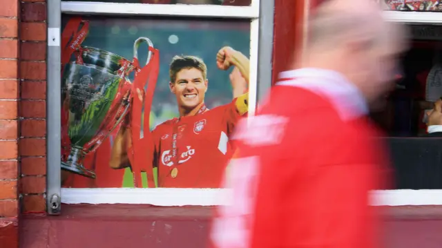 Steven Gerrard image in a house window en route to Anfield