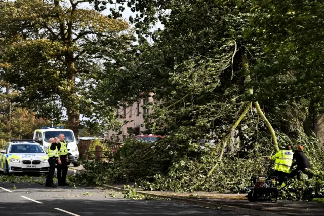 Police clear a tree as Storm Ali sweeps into Ardrossan