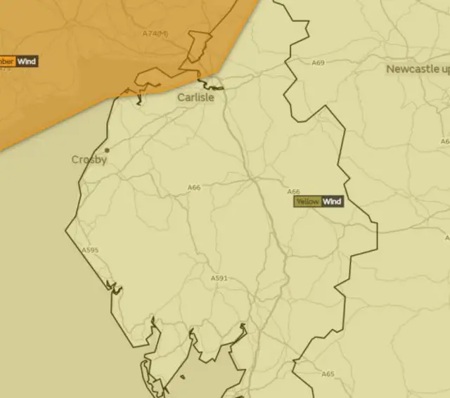 Map showing yellow weather warning over Cumbria