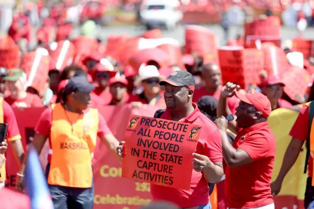 Cosatu members march against corruption and state capture on September 27, 2017 in Durban, South Africa.