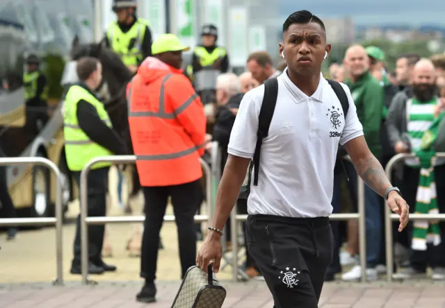 Alfredo Morelos arrives at Celtic Park