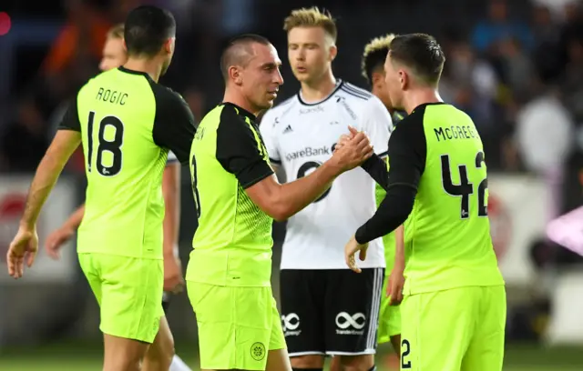 Celtic's Scott Brown and Callum McGregor celebrate against Rosenborg