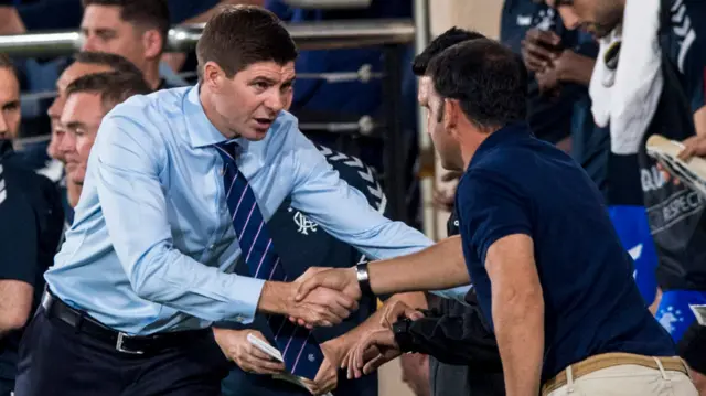 Rangers manager Steven Gerrard shakes hands with Villarreal counterpart Javier Calleja