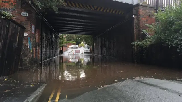 Flooded road in Shrewsbury yesterday