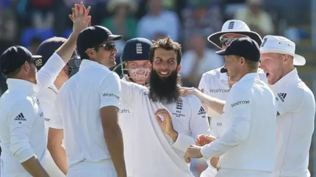 Moeen celebrating with England team