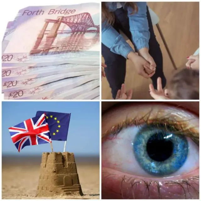 Money, counselling, Brexit flags and eye