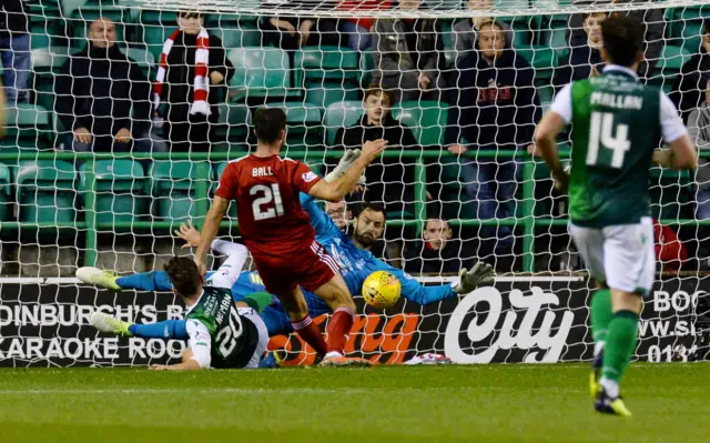 Aberdeen goalkeeper Joe Lewis smothers the ball at the feet of Emerson Hyndman