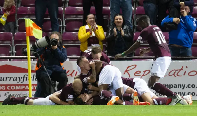 Hearts players celebrate Peter Haring's goal