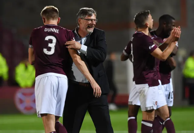 Hearts manager Craig Levein celebrates with his players