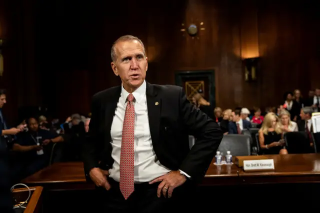 Senator Thom Tillis looks on as Judge Kavanaugh testifies