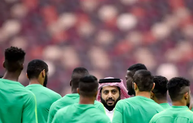 Saudi Arabia players listen to the head of the General Authority for Saudi Sport, Turki Al-Sheikh (C), as they gather during a training session at the Luzhniki stadium in Moscow on June 13, 2018 ahead of the Russia 2018 World Cup football tournament.