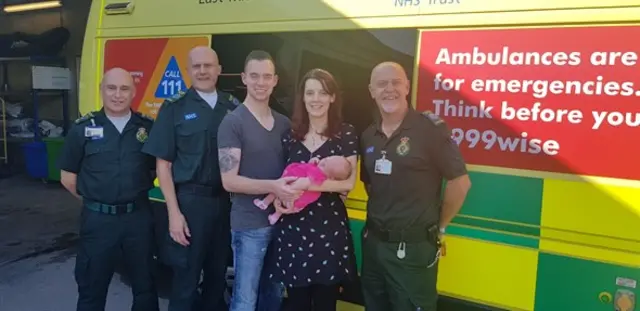 Left to right- Emergency Care Assistant Mark Betts, Paramedic Richard Charman, Dad Tom Noble, Mum Katie Noble and Paramedic Mike Cooksley.