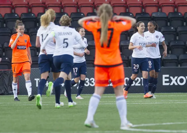 Paris St Germain celebrate a goal against Glasgow City