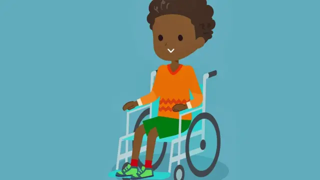 A cartoon of a child in a wheelchair