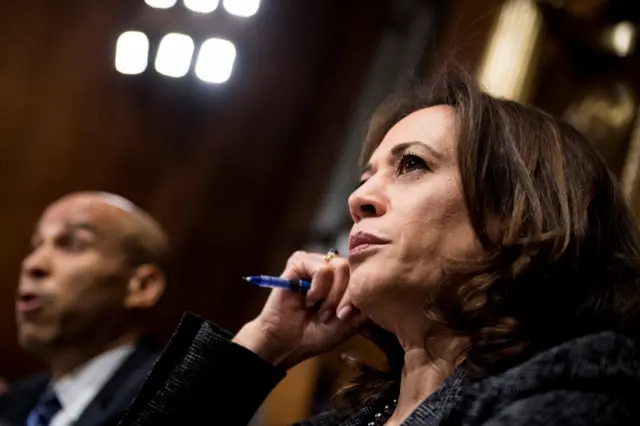 Kamala Harris listens to testimony