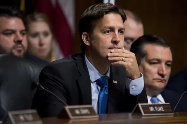 Senator Ben Sasse (C), Rep-Neb., listens as Dr. Christine Blasey Ford (unseen) testifies during the Senate Judiciary Committee hearing on the nomination of Brett Kavanaugh