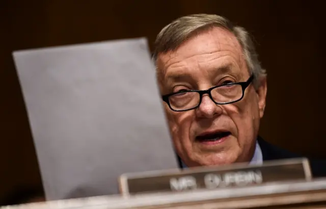 Senate Judiciary Committee member Senator Dick Durbin (D-IL) holds up a letter from the American Bar Association during a markup hearing on Capitol Hill in Washington DC.