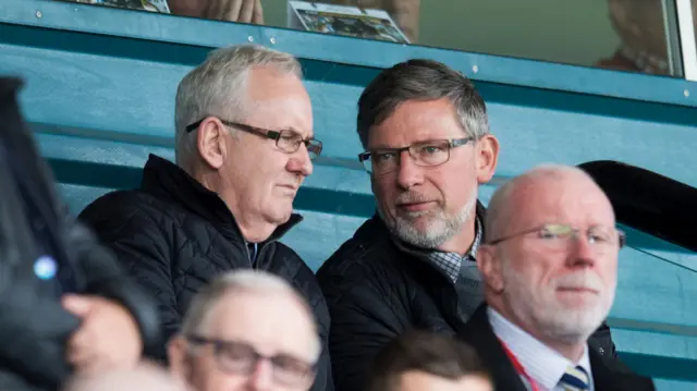 The Hearts head coach Craig Levein (right) watches on