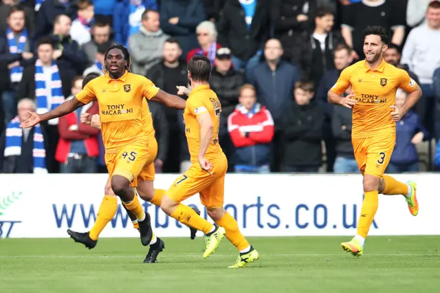 Dolly Menga celebrates his goal against Rangers