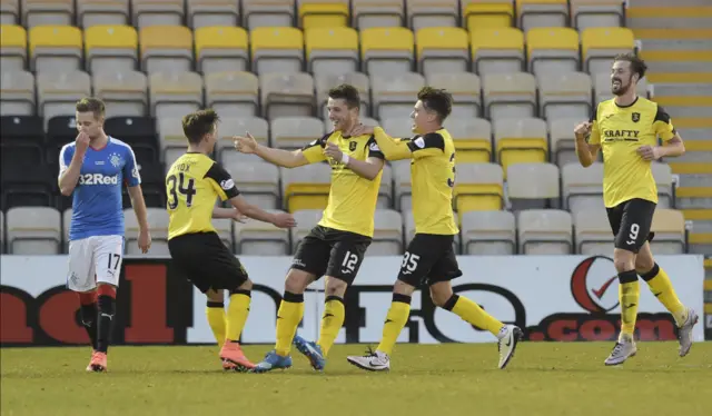 Livingston celebrate after scoring against Rangers in 2016