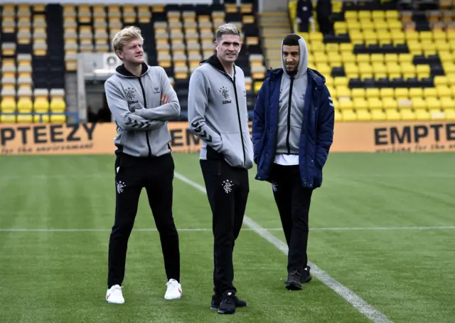 Rangers players Joe Worrall, Kyle Lafferty and Connor Goldson