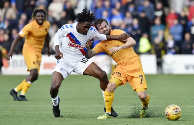 Rangers’ Ovie Ejaria holds off Livingston’s Keaghan Jacobs