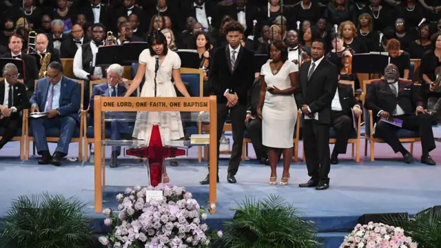 Cristal, Victorie, Jordan and Vaughn Franklin speak during Aretha Franklin"s funeral