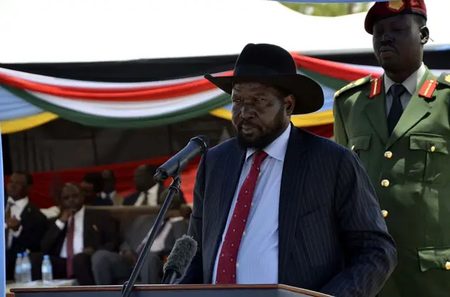 President of South Sudan Salva Kiir speaks during the groundbreaking ceremony of the national broadband in Juba