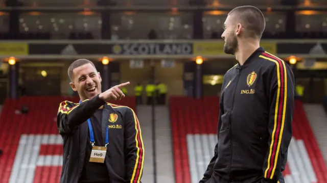 Eden Hazard shares a joke at Hampden