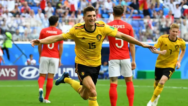 Thomas Meunier celebrates scoring for Belgium against England