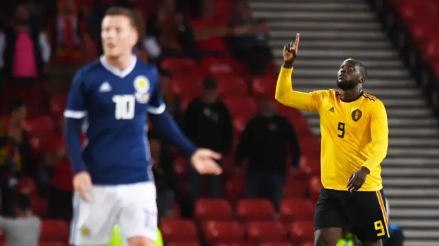 Romelu Lukaku celebrates his goal at Hampden