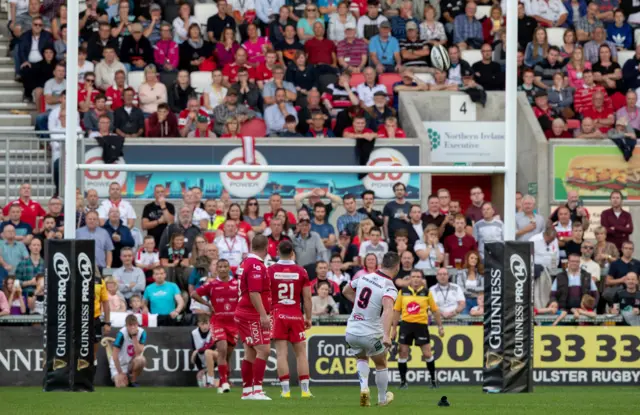 John Cooney kicks a match-winning goal for Ulster against Scarlets