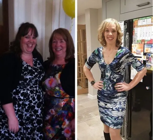 Claire Baxter before (far left) and after (right) her weight loss