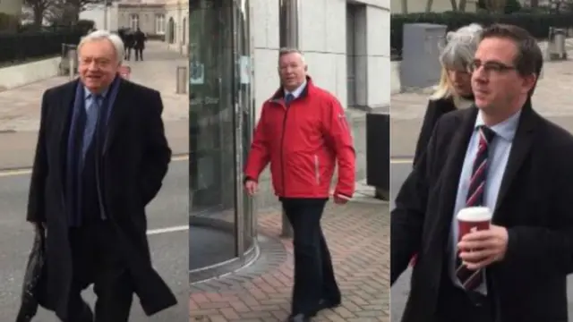 Deputy Hugh Raymond (left), Bernard Manning (centre) and Deputy Scott Wickenden (right) arrive at court