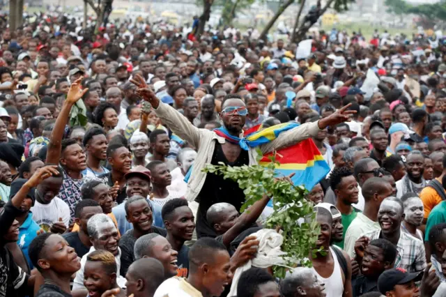 Supporters of Felix Tshisekedi, leader of the Congolese main opposition party, the Union for Democracy and Social Progress (UDPS) who was announced as the winner of the presidential elections, celebrate outside the party"s headquarters in Kinshasa, Democratic Republic of Congo, January 10, 2019.