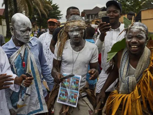 Supporters of DR Congo"s opposition leader Felix Tshisekedi, the leader of the Union for Democracy and Social Progress (UDPS) party, celebrate after he was declared the winner by electoral commission, in Limete, Kinshasa