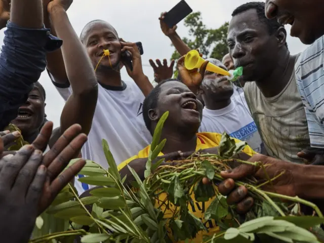 Supporters of DR Congo"s opposition leader Felix Tshisekedi, the leader of the Union for Democracy and Social Progress (UDPS) party, celebrate after he was declared the winner by electoral commission, in Limete, Kinshasa, Democratic Republic of the Congo, 10 January 2019.