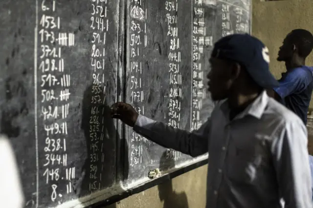 Election workers count votes at a polling station in Kinshasa, Democratic Republic of the Congo, after general elections, 30 December 2018.