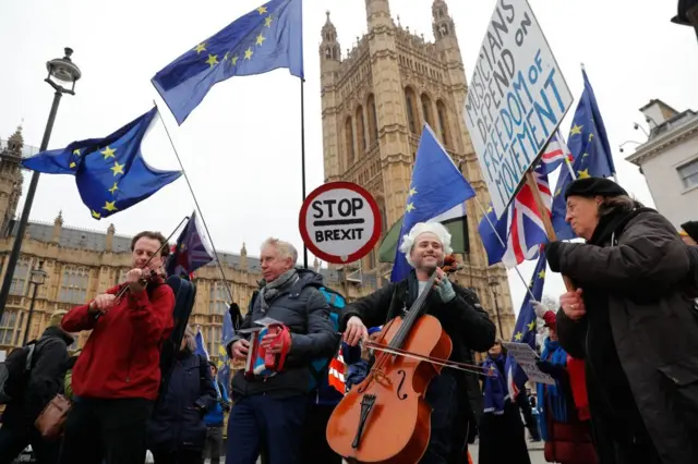 An anti-Brexit protest outside the Houses of Parliament on 10 January