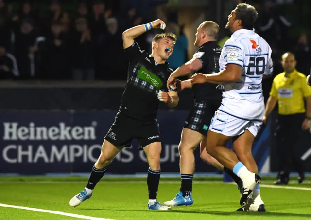 George Horne celebrates Glasgow's fifth try of the day