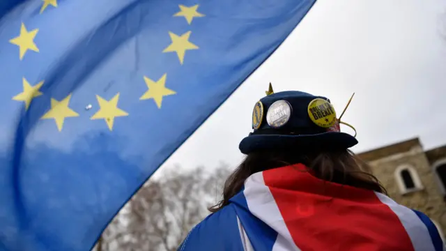 Pro-remain demonstrators protest outside of the Houses of Parliament on Monday