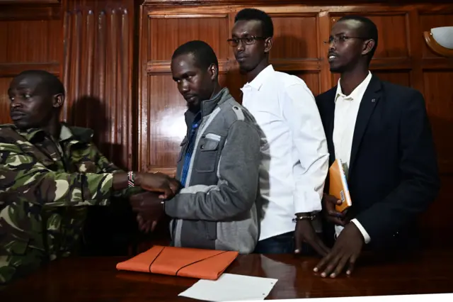 Mohamed Ahmed Abdi, Adan Mohamed Ibrahim and Hussein Hassan Mustafah, appear at the Milimani High Court in Nairobi on 14 January 2019