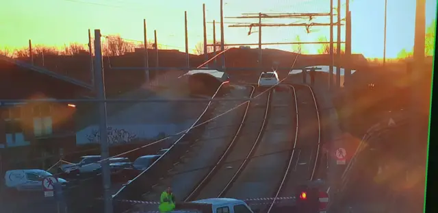 Car on tram tracks