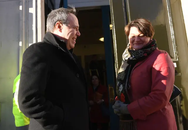 DUP deputy leader Nigel Dodds and DUP Leader Arlene Foster in Whitehall, London, after the Prime Minister announced that she would invite party leaders in the Commons and other MPs in for discussions to get a Parliamentary consensus on the way forward over Brexit.