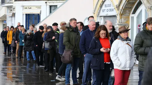 People queue to hear Labour leader Jeremy Corbyn speak at St MaryÕs in the Castle during a visit to Hastings in East Sussex.