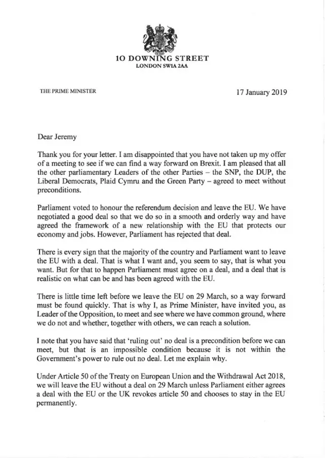 Letter from Theresa May to Jeremy Corbyn