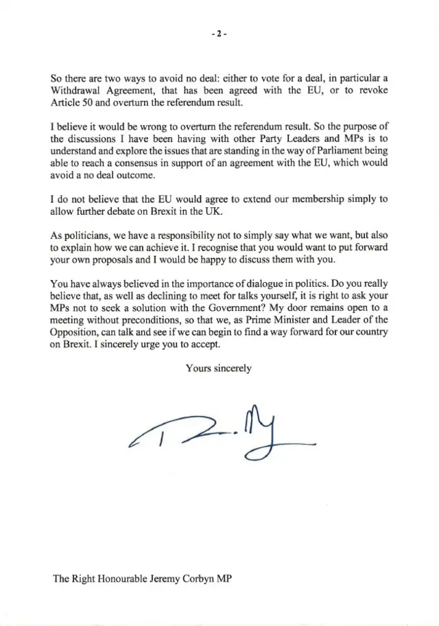 Letter from Theresa May to Jeremy Corbyn page 2