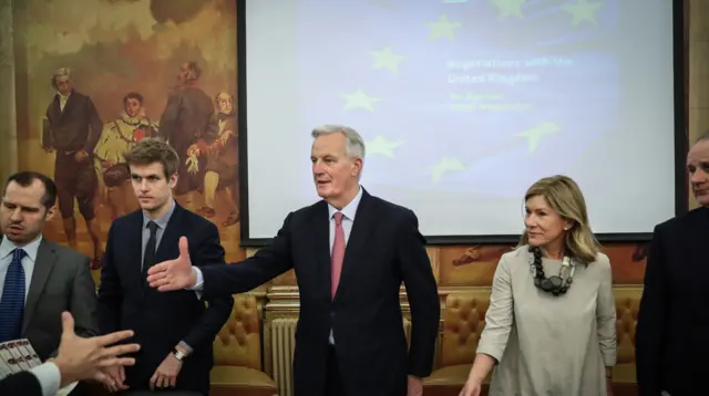 Michel Barnier (C), European Chief Negotiator for the United Kingdom Exiting the European Union, lanked by the President of the European Affairs Commission Regina Bastos (2-R) attends a hearing at the European Affairs Commission of the Portuguese parliament in Lisbon, Portugal