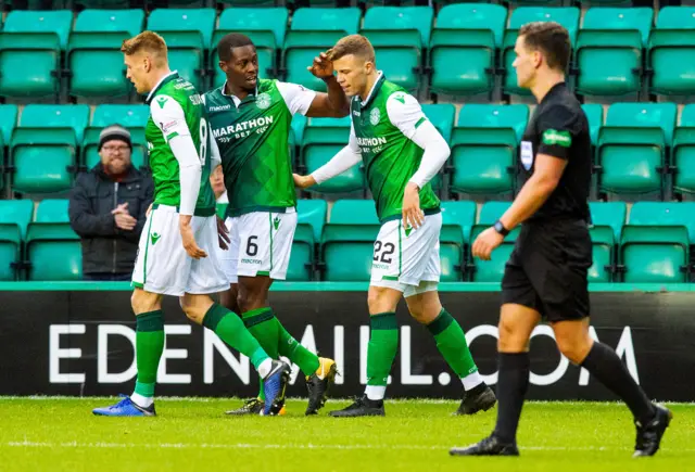 Hibernian striker Florian Kamberi is congratulated on opening the scoring